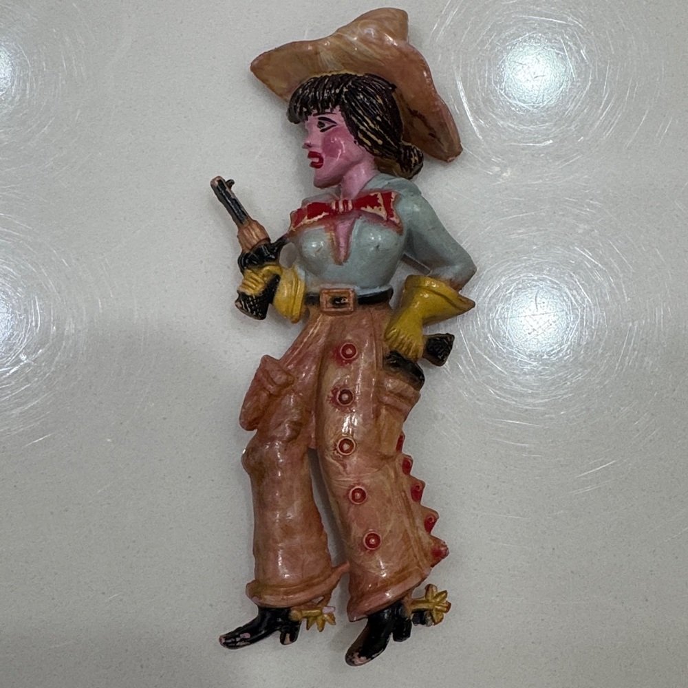 Vintage Cowgirl Plastic Celluloid Brooch Pin